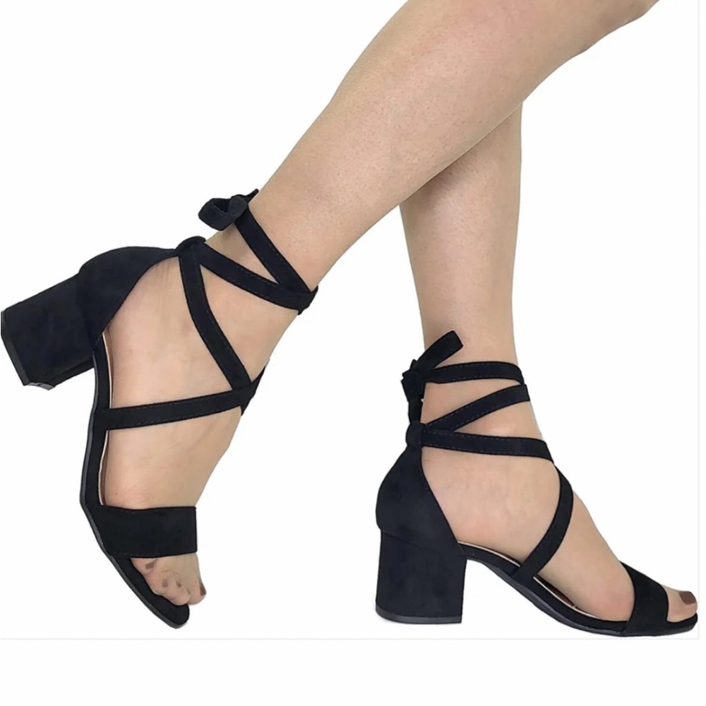 Prom Heels Trufox Marci Black Strappy Suede Faux Size 8
